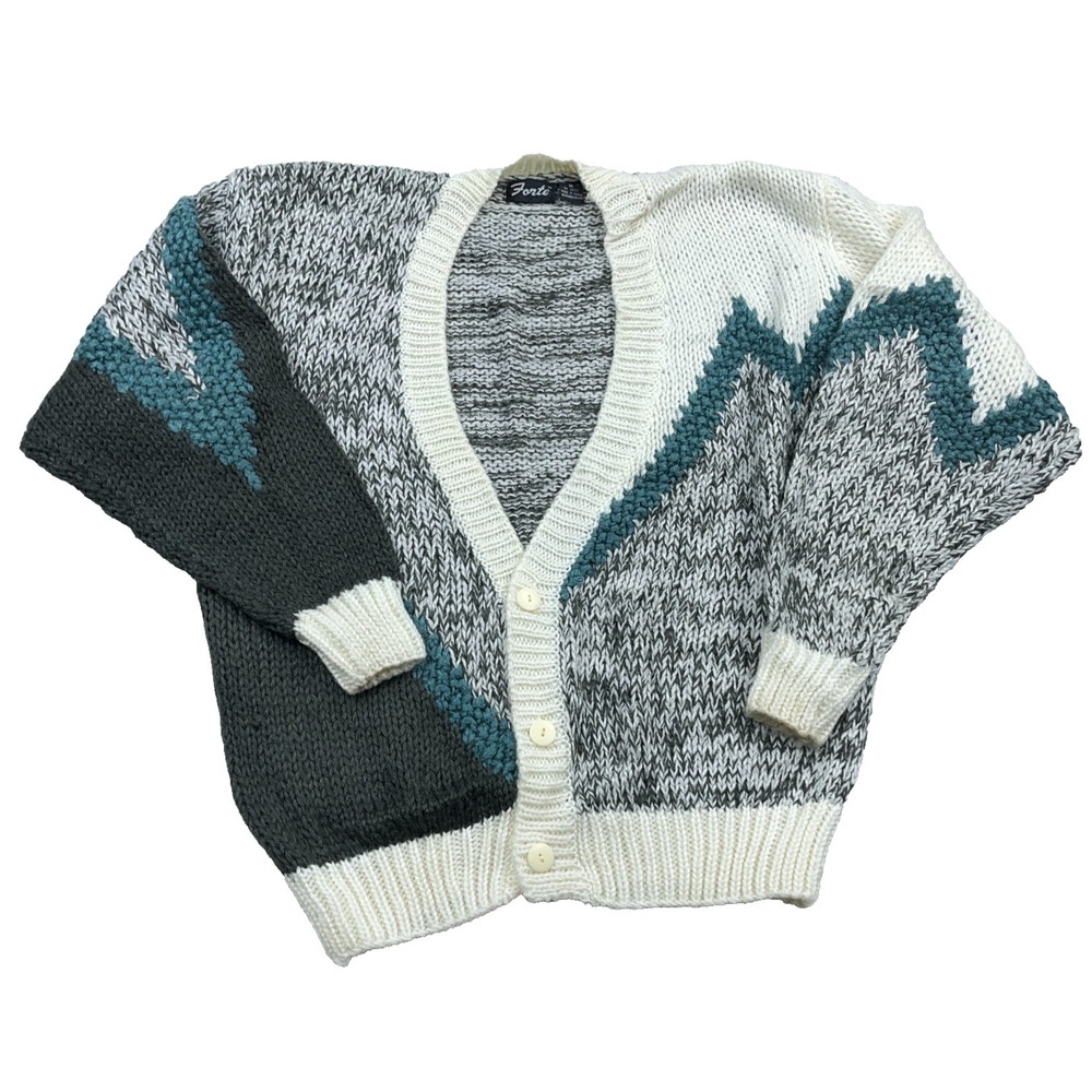 Vintage Cardigan Sweater Men Medium Green Grandpa Geometric 90s Chunky Funky